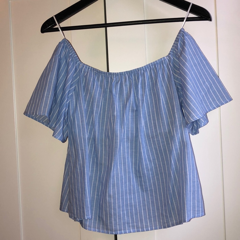 Blue and white Off the Shoulder Blouse